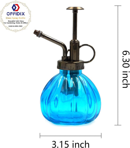 OFFIDIX Glass Watering Spray Bottle, 6.3" Tall Vintage Style with Bronze Plastic Top Pump One Hand Watering Can Spray Bottle (Light Blue)