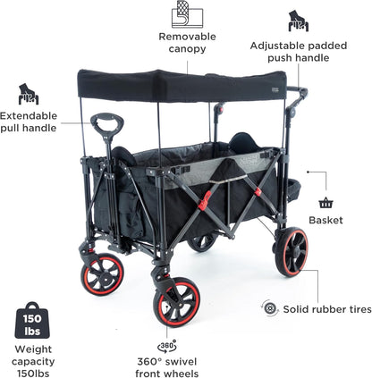 Creative Outdoor Push Pull All-Terrain Collapsible Folding Stroller Wagon for Kids, 150lbs Weight Capacity, Platinum Series, Beach, Park, Garden & Tailgate, (Black)