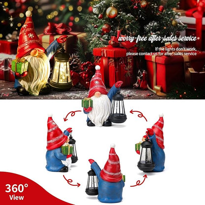 Solar Christmas Santa Hat Gnome Outdoor Statue with LED Lantern - Winter Xmas Holiday Porch Yard Home Decor Gardening Gift