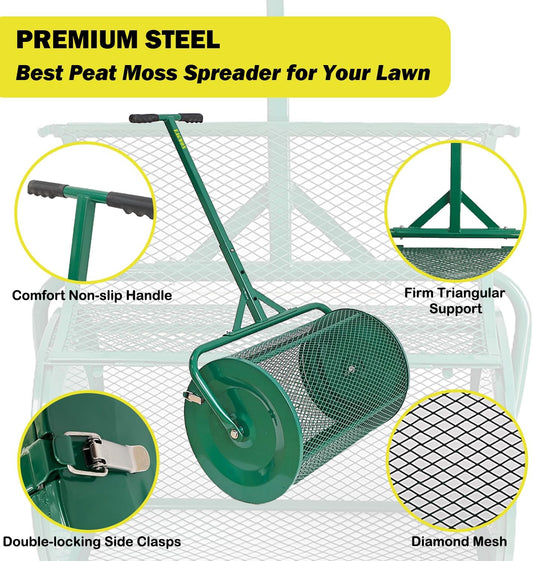 Compost Spreader, 24" Peat Moss Spreader, Roller Lawn Spreader with 3 Heights T Shaped Handle, Side Latches Powder Coated Steel Mesh Basket, Lawn & Garden Spreader for Spreading Manure Topsoil, Green