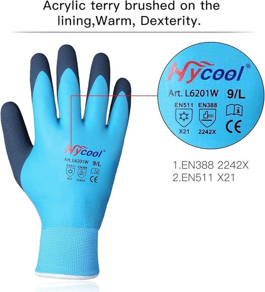 Waterproof Work Gloves for Men and Women, Hycool Thermal Insulated Freezer Rubber Coated Gloves,Super Grip L6201