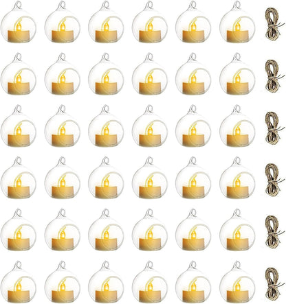 NUPTIO Mini Hanging Glass Tealight Globe Candle Holder with LED Candle, 2.36 Inches Diameter, Wedding Party Tree Decoration (36 Pcs)