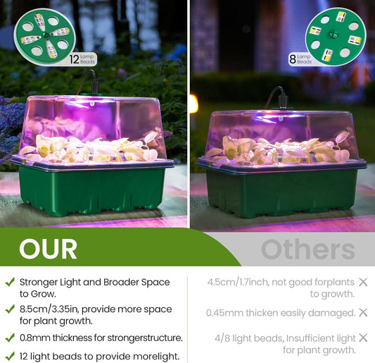 MIXC Seed Starter Kit with Grow Light, Elevated Seedling Tray Kit with Adjustable Humidity Dome and Clear Cell Tray, 12 Full Spectrum Led Beads for Seed Starting Greenhouse, 4 Pack, Green