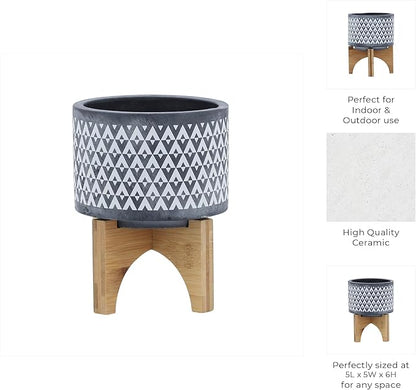 Sagebrook Home Stoneware Planter with Wooden Stand - Ceramic Indoor/Outdoor Plant Pot - Modern Geometric Design - Home & Garden Decor - 6" Gray