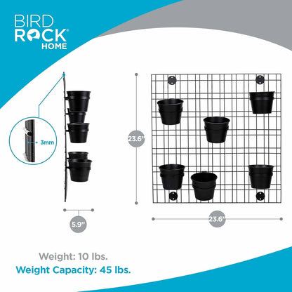 BIRDROCK HOME 6 Pot Garden Wall Grid - Flower or Succulent Planter Pots - Indoor or Outdoor Plant Organizer Rack - Black