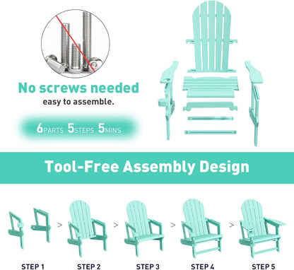 Adirondack Chairs Set of 4, Tool-Free Assembly All-Weather Plastic Adirondack Chairs, HDPE Fire Pit Chairs with Cup Holder, Outdoor Chair for Patio Garden (Aruba)