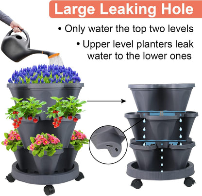 DUNCHATY Stackable Planter, Vertical Garden Planter with Wheels and Tools, Self Watering Strawberry Planter Indoor/Outdoor 3 Tier Herb Planter Pots for Growing Vegetables and Succulents, Dark Gray