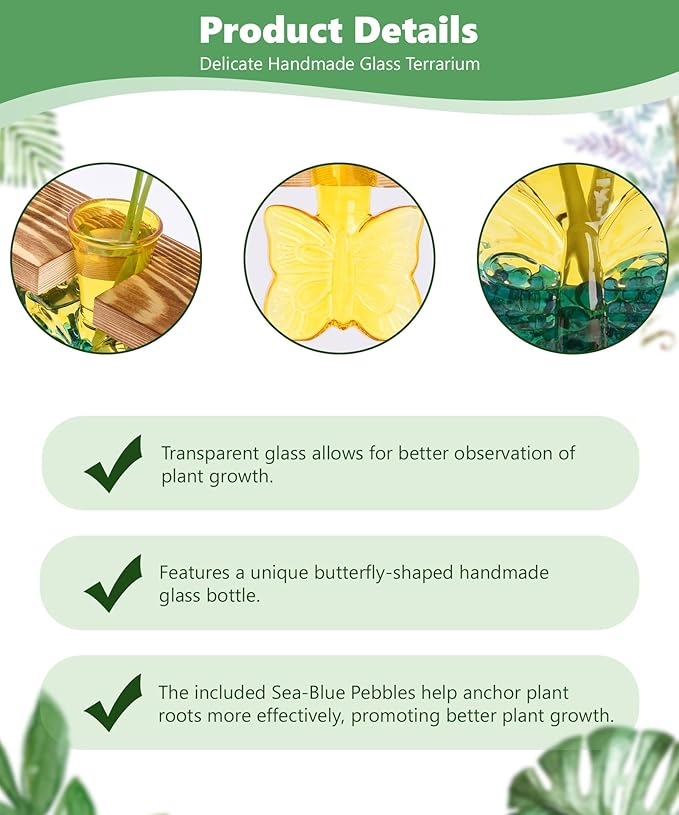 Nacome Butterfly Vase Propagation Stations: Glass Plant Terrarium with Wooden Stand for Home Office Desk Decor, Unique Gifts for Plant Lovers Women Mom (Yellow)