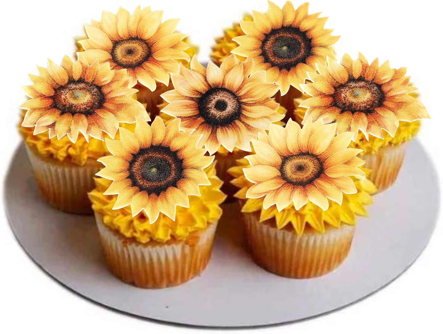 60 PCS Edible Sunflower Cupcake Toppers Wafer Paper Flowers Cake Decorations Edible Sunflower Party Decorations for Baby Shower Sunflowers Birthday Party Cake Toppers Food Decorations Supplies