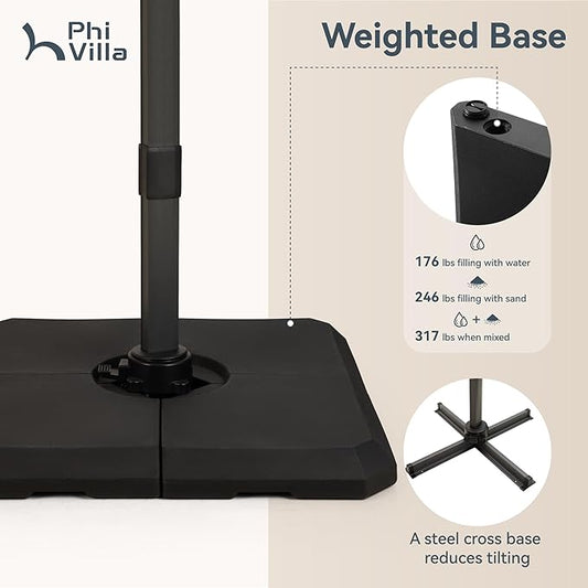 PHI VILLA Cantilever Patio Umbrella with Base, Outdoor 10ft Large Square Umbrellas with 360°Rotation, Heavy Duty Hydraulic Double Umbrella Windproof for Outside, Pool, Deck, Garden, Porch, Beige