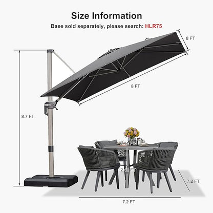PURPLE LEAF 8' X 8' Patio Umbrella Outdoor Cantilever Umbrella, Aluminum Offset Umbrella with Champagne Frame and 360° Rotation for Pool Deck Garden, Grey