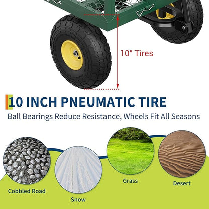 GarveeLife 900 LBS Garden Cart with Removable Mesh Sides, Heavy Duty Steel Garden Wagon with Adjustable Handles & 10 in Pneumatic Tires, Utility Wagon for Lawn Camping Farm Yard, Green+Black