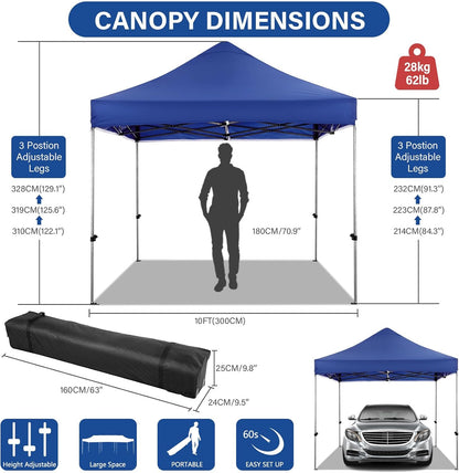 COBIZI 10x10 Pop up Canopy Heavy Duty Without Sidewalls, Easy Set-up Commercial Outdoor Party, 100% Waterproof Wedding Canopy Gazebo, 3 Height Adjustable with Handle Bag,Dark Blue