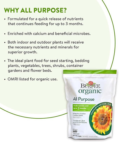 Burpee Natural Purpose Granular 4-Lb Organic Food for Growing Strong Plants | Good for Vegetable Garden, Flower Garden & Seed Starting, 4 lb, 4lb. Bag