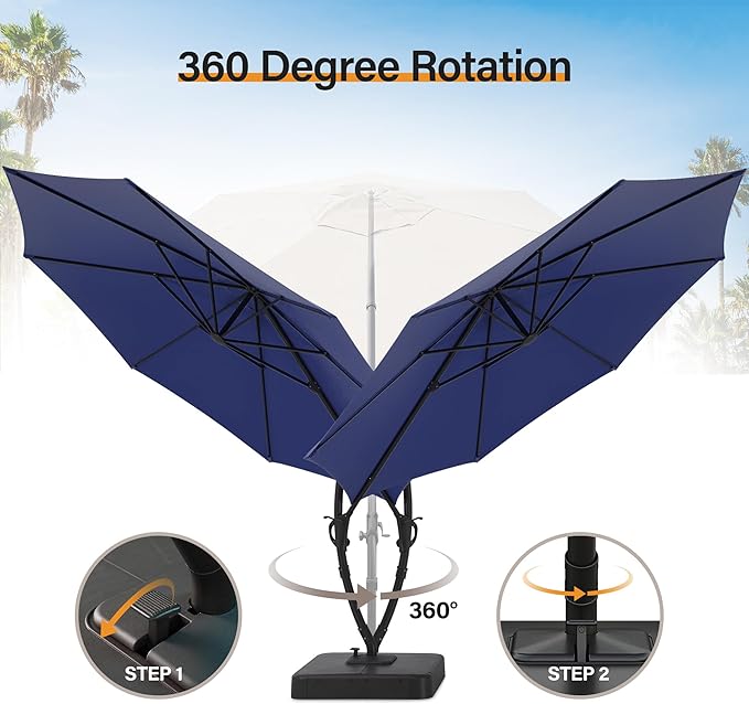 LAUSAINT HOME Sunbrella Outdoor Patio Umbrella with Base, 12FT Deluxe Curvy Cantilever Umbrella Offset Hanging Umbrella with 360° Rotation for Market, Pool, Deck, Garden, Backyard (Sunbrella Navy Blue)
