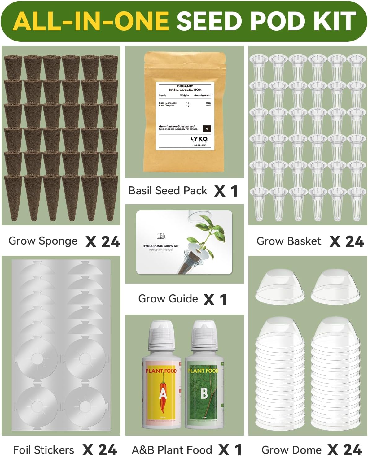 Hydroponics Seed Pod with Genovese Basil & Purple Basil, 24 Pods Complete Kit with Sponge, Basket, Dome, Label, Compatible with AeroGarden, Ahopegarden, GARDENCUBE, iDoo & MUFGA Indoor Smart Gardens