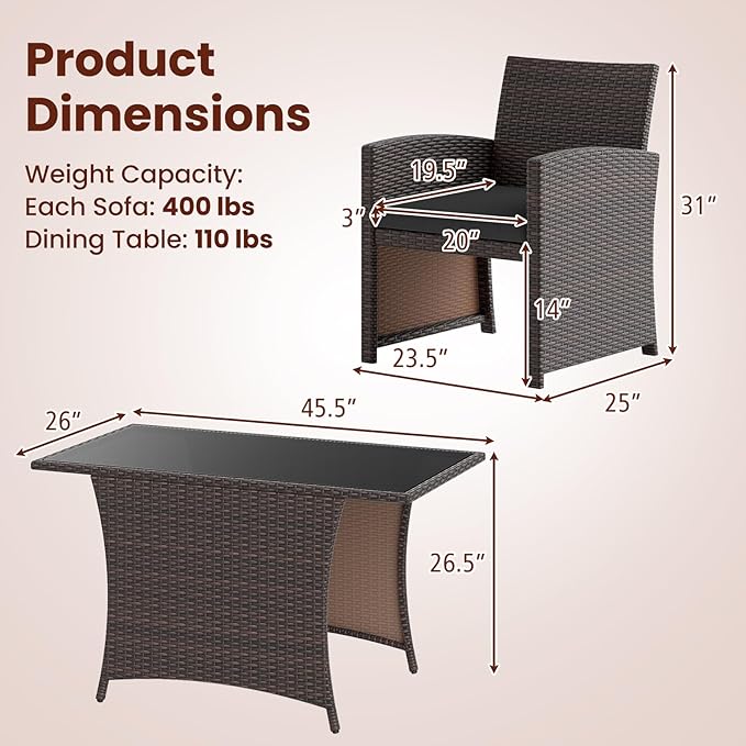 Tangkula 3 Piece Patio Wicker Dining Set, 2 Rattan Chairs with Rectangle Tempered Glass Dining Table, Outdoor Conversation Set with Cushions for Backyard, Porch, Poolside