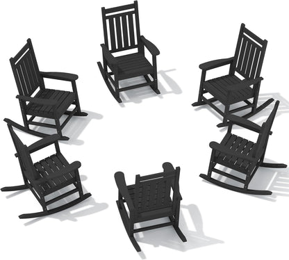 SERWALL HDPE Outdoor Rocking Chair Set of 6, Patio Rocking Chairs for Adults, All Weather Outdoor Rockers for Lawn, Black