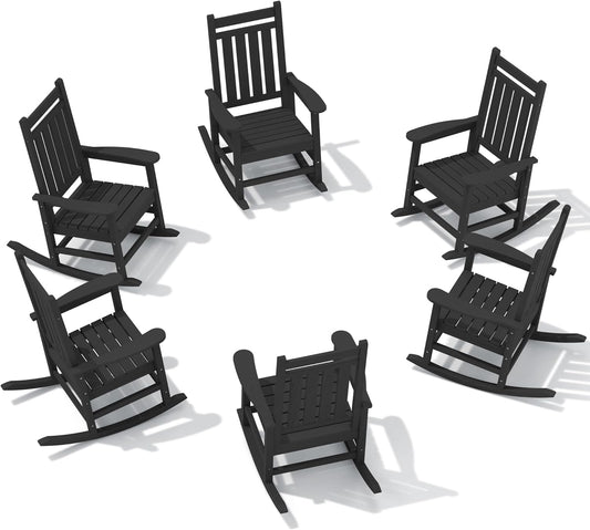 SERWALL HDPE Outdoor Rocking Chair Set of 6, Patio Rocking Chairs for Adults, All Weather Outdoor Rockers for Lawn, Black