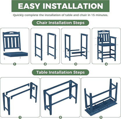 HDPE Outdoor Patio Bar Set with High Top Table and 2 Adirondack Chairs, All-Weather Bar Height Outside Rectangular Pub Furniture for Bistro, Garden, Backyard, Deck | 3-Pieces, Navy Blue