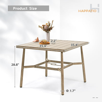 HAPPATIO Patio Table for 4, Modern Square Outdoor Dining Table with Umbrella Hole and Adjustable Feet, All Weather Aluminum Patio Table for Garden, Backyard and Poolside, Brown