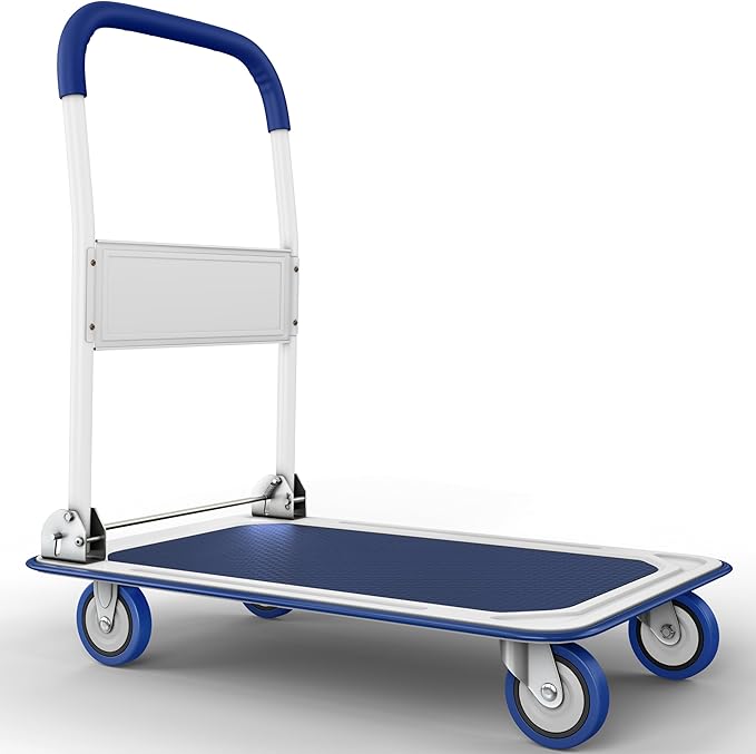 Heavy Duty Foldable Push Cart Dolly | 660 lbs. Capacity | Upgraded Collapsible Hand Truck Folding Platform with Swivel Wheels | Flat Bed Moving Wagon | Space Saving Push Handle (Blue)
