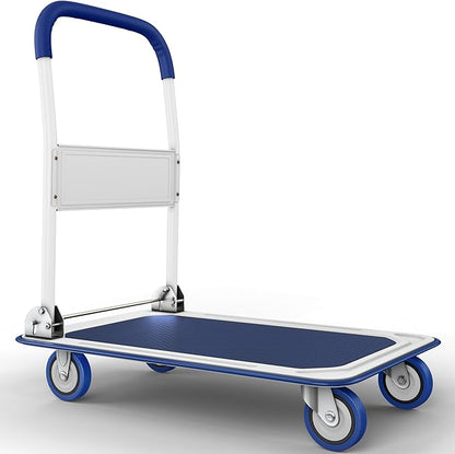 Heavy Duty Foldable Push Cart Dolly | 660 lbs. Capacity | Upgraded Collapsible Hand Truck Folding Platform with Swivel Wheels | Flat Bed Moving Wagon | Space Saving Push Handle (Blue)