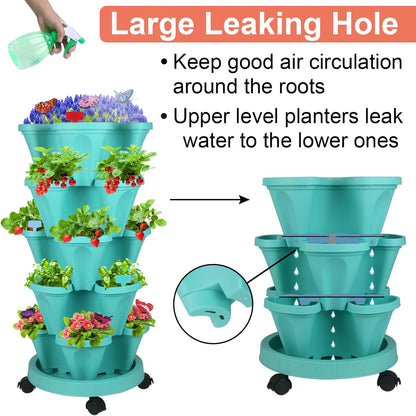 Vertical Planter, 5 Tier Stackable Strawberry Planter with Garden Tool Set, Movable Indoor/Outdoor Garden Herb Pot for Growing Vegetables and Succulents, Teal
