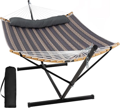 SUNCREAT Hammocks for Outside with Stand Included, Double Hammock with Curved Spreader Bar, Carrying Bag, Gray Stripes