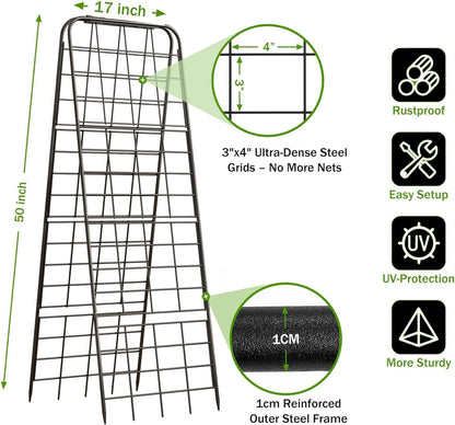 Heavy Duty 50"x17" Adjustable A-Frame Trellis for Climbing Plants – Rust-Proof Metal Garden Trellis with Dense Grid Design, Perfect for Raised Beds, Tomatoes, Cucumbers & Outdoor Vines (Black, 1 Pcs)