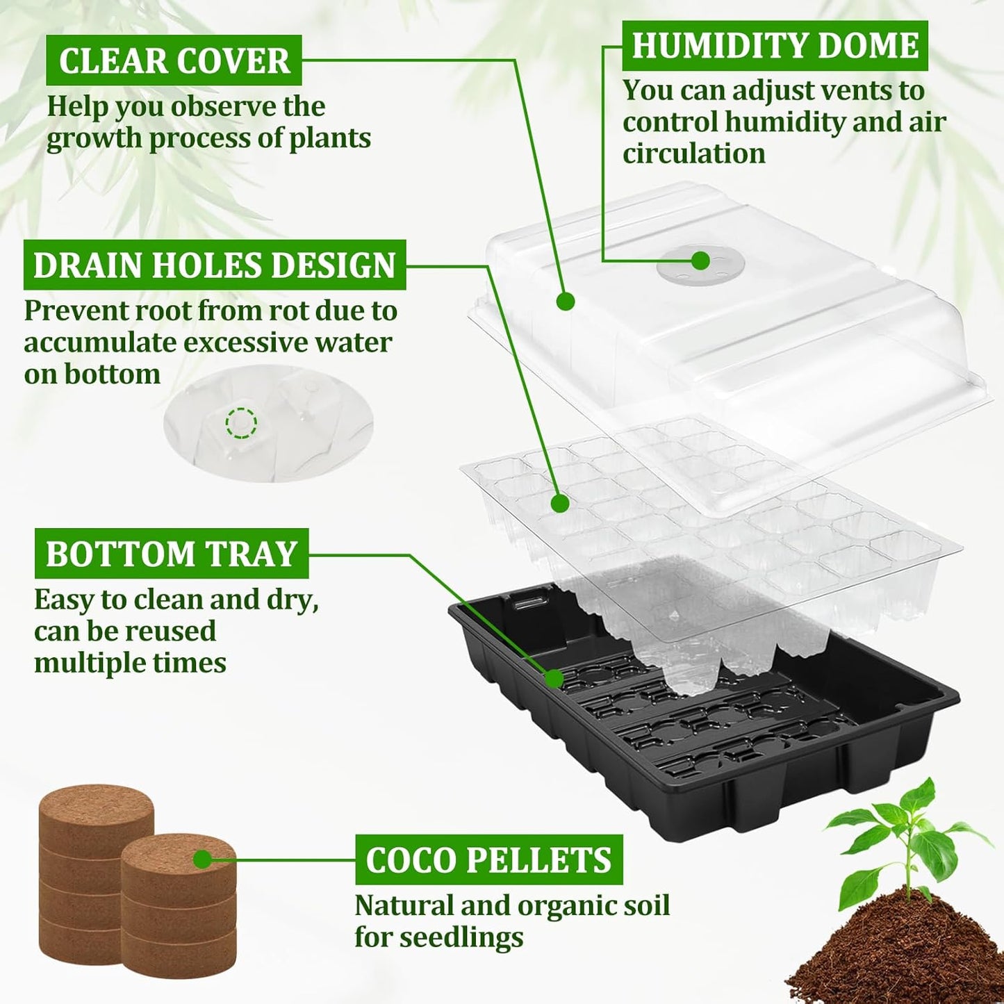 Halatool 2 Pack 80 Cells Seed Starter Trays with 80 PCS Coco Pellets, Black Seedling Starter Kit for Seedlings, Organic Seed Starting Soil Pods for Plant Germination, Planting Vegetables Flowers Seeds