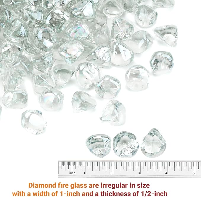 Skyflame 10-Pound Fire Glass Diamonds for Fire Pit Fireplace Landscaping, 1/2 Inch Reflective Glass Fire-Diamonds, Crystal Ice