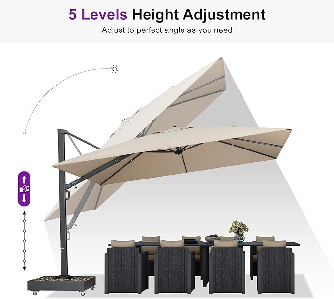 PURPLE LEAF 12' X 9' Rectangle Patio Umbrella with Base Included Large Outdoor Aluminum Offset Umbrella with 360-degree Rotation Cantilever Umbrella for Garden Deck Backyard Pool Beige