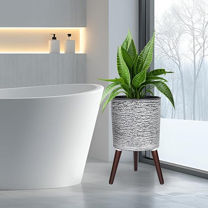 12 Inches Plant Pots with Stand Mid Century Flower Pots with Wood Legs Large Mode Cylinder Planter with Drainage Holes for Indoor Plants,Garden,Decorative-Grey