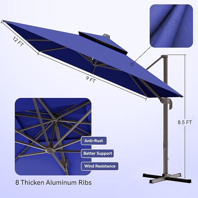 9x12 FT Patio Umbrella, Large Cantilever Rectangular Double Top Heavy Duty Offset Umbrellas with 360° Rotation, Outdoor shade for Garden Deck Pool, Navy