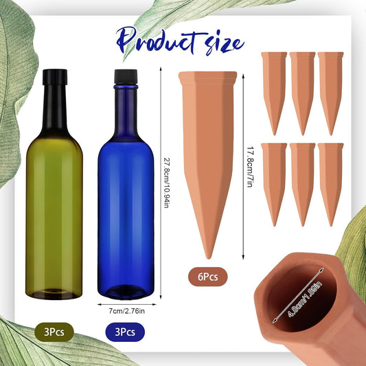 6 Sets Plant Watering Devices Include Terracotta Self Watering Spikes and 26 oz Plastic Bottles, Slow Release Vacation Insert Automatic Plant Waterer Device (Blue Green and Terracotta)