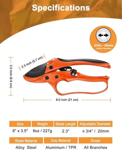 Ratchet Anvil Pruning Shears for Gardening Heavy Duty, Labor-Saving Design Garden Clippers for Arthritis Weak Hands, 3/4" Cut Capacity Branch Cutter for Tree Trimming, Flower, Rose, Plant