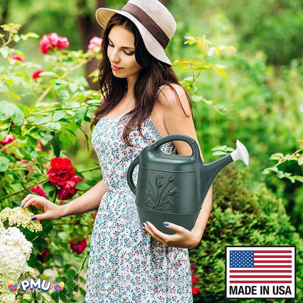 PMU 2 Gallon Watering Can - Garden Watering Can for Indoor & Outdoor Plants - Plastic Water Can with Detachable Sprinkler Head - Large Water Pot, Made in USA - Hunter Green Pkg/6