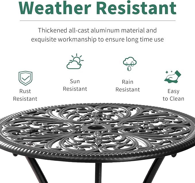 3 Piece Patio Bistro Set Cast Aluminum Bistro Table and Chairs Set of 2 with Umbrella Hole,All Weather Metal Bistro Table Set,Outdoor Patio Furniture Set for Garden(Butterfly Black)
