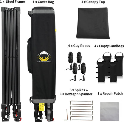 CROWN SHADES 10x10 Pop Up Canopy Tent - Patented Center Lock One Push Instant Outdoor Canopy Beach Tent with STO-N-Go Bag 8 Stakes & 4 Sand Bags，Black