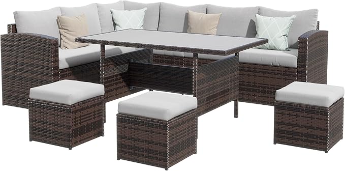 Wisteria Lane 7 Piece Patio Furniture Set, High Curved Back Wicker Outdoor Sectional with Dining Table, All Weather Wicker Outdoor Dining Set, Patio Conversation Set with Ottoman, Grey