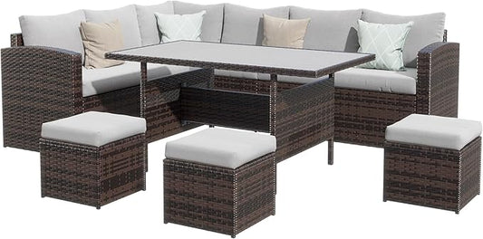 Wisteria Lane 7 Piece Patio Furniture Set, High Curved Back Wicker Outdoor Sectional with Dining Table, All Weather Wicker Outdoor Dining Set, Patio Conversation Set with Ottoman, Grey