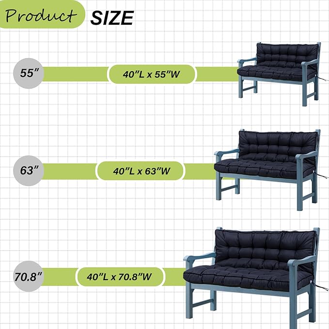 Swing Replacement Cushions with Backrest, 2 or 3 Seater Waterproof Non-Slip Overstuffed Swing Pad, Indoor/Outdoor Bench Cushion for Porch Chair Swings Garden Furniture (Navy blue, 40 * 55 in)