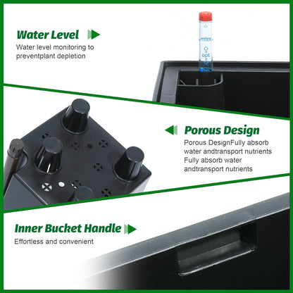 16" Tall Planters Set of 2, Outdoor＆Indoor Black Planter Pots, High Front Porch Planter Pots with Drainage Holes＆Water Level Monitor＆Inner Bucket, Automatic Watering,Black