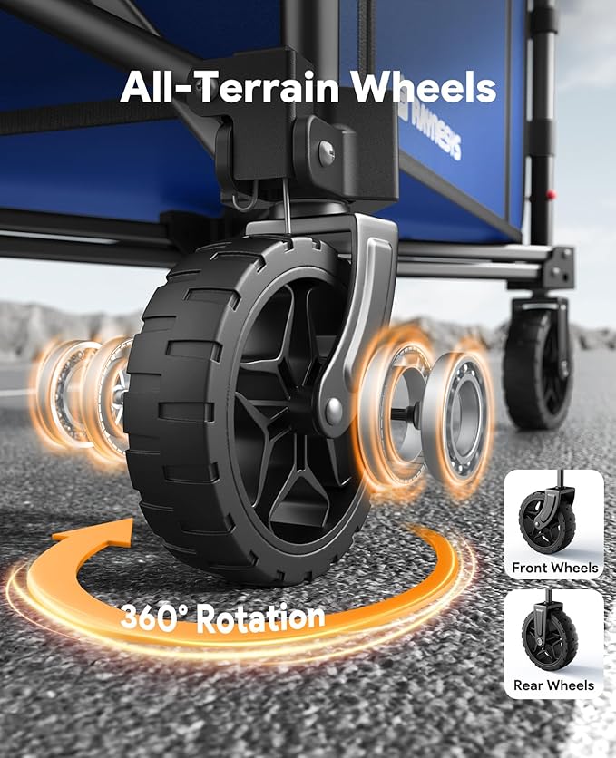 Collapsible Wagon Cart with Wheels 220lbs Foldable Wagon 120L Shopping Cart for Groceries Folding Utility Wagon for Beach, Garden, Camping, Sport, Wheelbarrows, Indigo