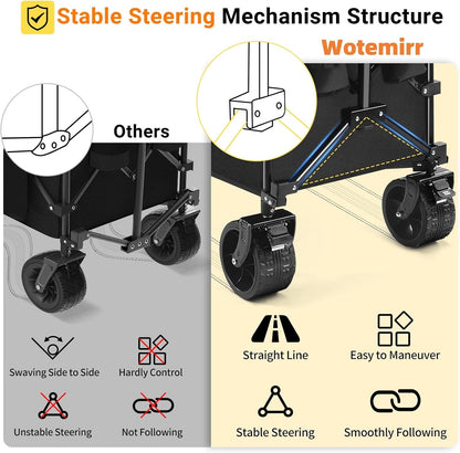 49''L Collapsible Foldable Extended Wagon with 450lbs Weight Capacity, Heavy Duty 300L Folding Utility Garden Cart with Big All-Terrain Beach Wheels & Drink Holders. Black