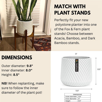 Fox & Fern 10 Inch Plant Pot with Drainage Plug — Premium Polystone White Plant Pot; Modern Planter with 3D Texture and Ceramic Finish; 10 Inch Pots for Plants Indoor & Outdoor