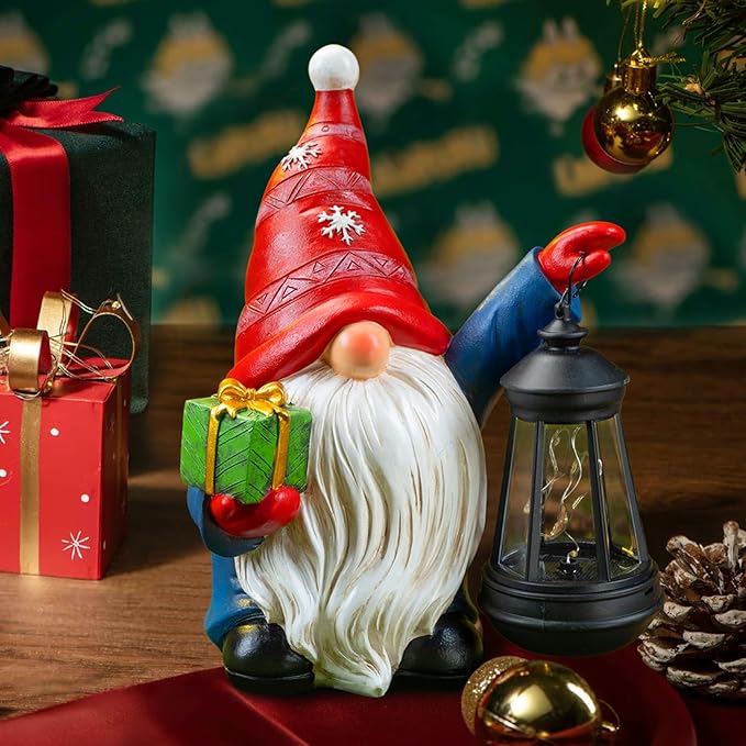 Solar Christmas Santa Hat Gnome Outdoor Statue with LED Lantern - Winter Xmas Holiday Porch Yard Home Decor Gardening Gift