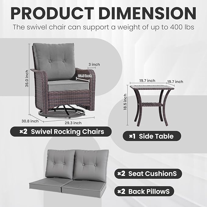 Gotland 3 Pieces Patio Set, Outdoor Swivel Chairs Set of 2 with 4'' Waterproof Cushions High Back Double-Layer Side Table, Wicker Rocking Patio Chairs Set of 2 for Balcony, Porch, Garden Gray