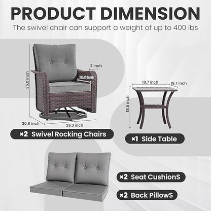 Gotland 3 Pieces Patio Set, Outdoor Swivel Chairs Set of 2 with 4'' Waterproof Cushions High Back Double-Layer Side Table, Wicker Rocking Patio Chairs Set of 2 for Balcony, Porch, Garden Gray